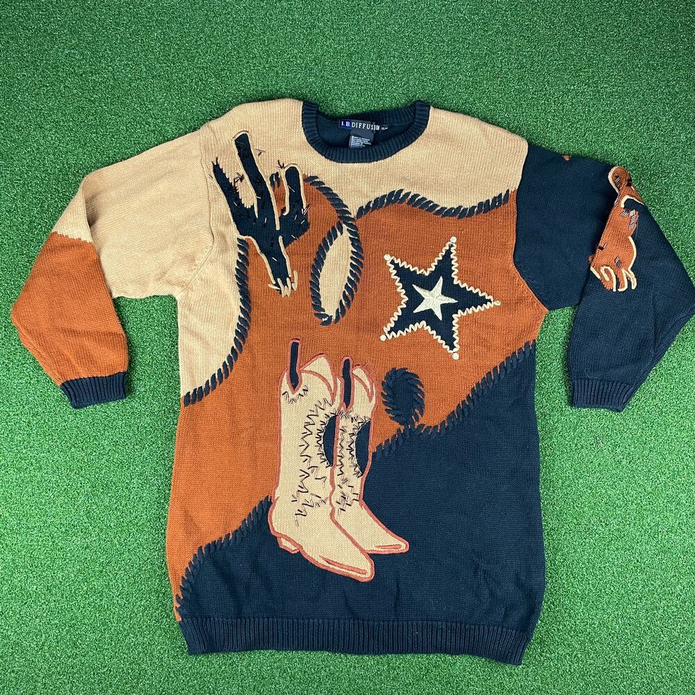 Vintage iB Diffusion Western Country Cowboy Boots Beaded Crewneck Sweater Sz M